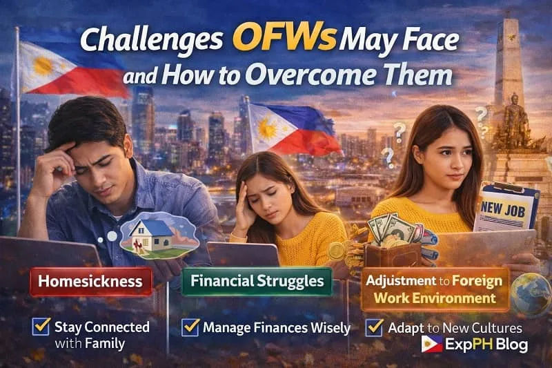 Filipino OFWs facing challenges like homesickness and financial struggles while finding solutions through planning and support with ExpPH Blog logo