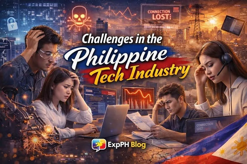 Filipino tech professionals facing challenges such as system errors, workload pressure, and infrastructure issues in a modern Philippine city with ExpPH Blog logo