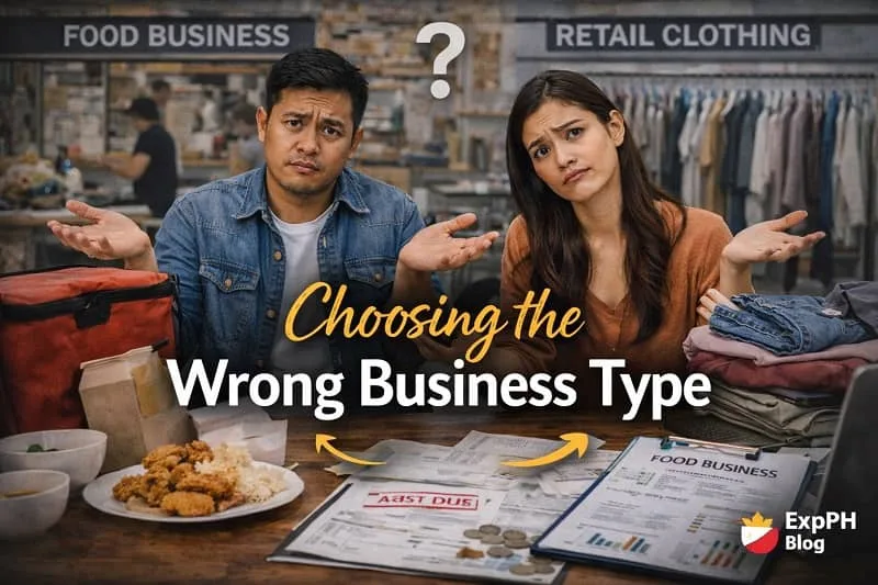 Filipino entrepreneurs looking confused while comparing different business ideas, illustrating the challenge of choosing the wrong business type.