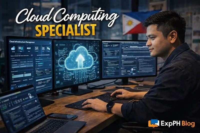 Filipino cloud computing specialist managing cloud systems and infrastructure on multiple monitors with ExpPH Blog logo