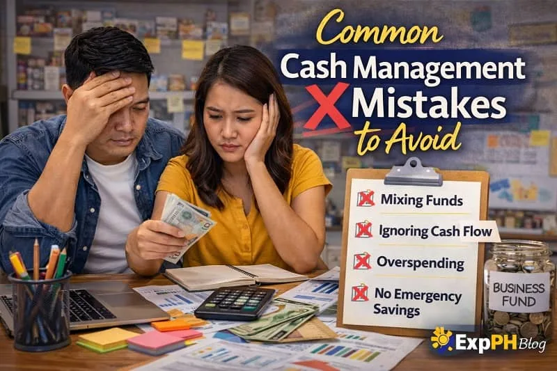 Filipino small business owners looking stressed while reviewing cash, receipts, and financial reports about Cash Management Tips for Small Business and common mistakes to avoid.