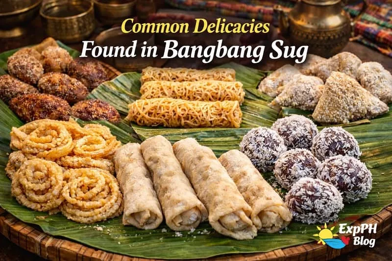 Assorted Bangbang Sug delicacies arranged on banana leaves with ExpPH Blog logo in a traditional Filipino setting