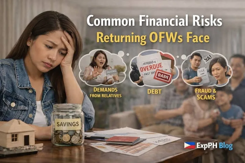 Filipina OFW reviewing bills and savings while worrying about financial problems, representing common financial risks returning OFWs face after coming home.