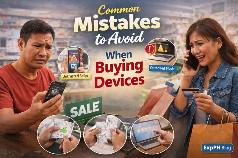 Filipino man and woman looking stressed while buying smartphones and laptops, showing common mistakes like untrusted sellers and outdated devices