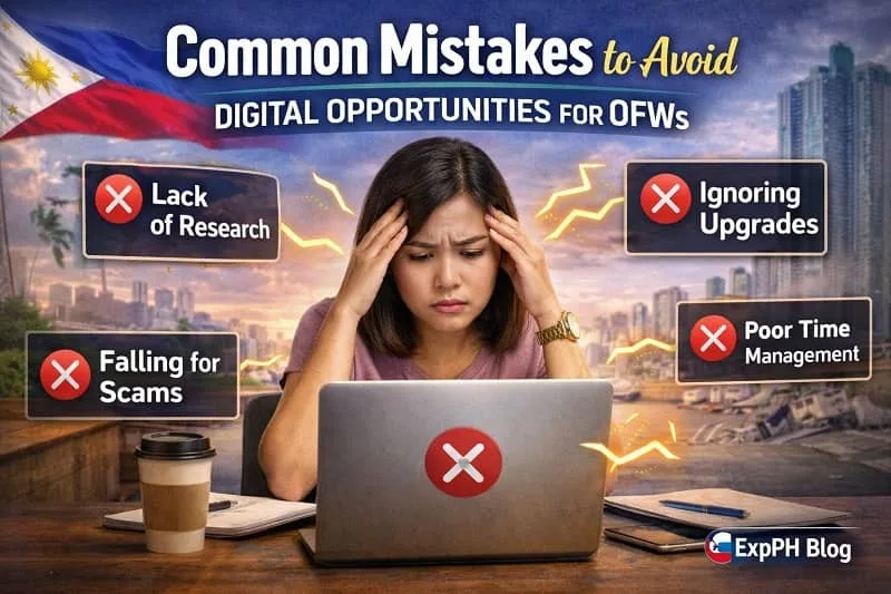 Filipino OFW woman looking stressed while using a laptop with warning signs about common digital mistakes like scams, lack of research, and poor time management