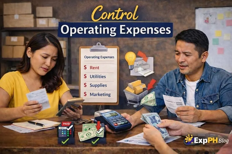 Filipino small business owners reviewing bills and receipts while calculating operating expenses with a calculator and financial documents.