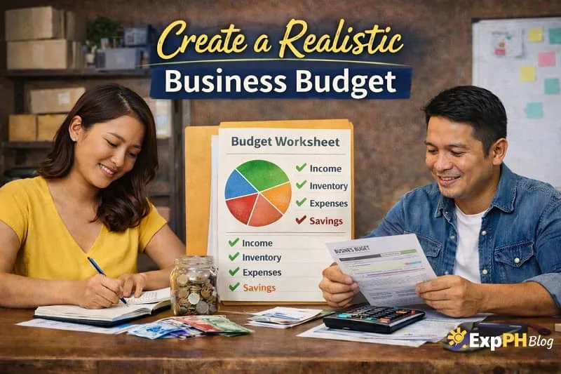 Filipino small business owners creating a realistic business budget using a worksheet, calculator, cash, and notebook at a work table.