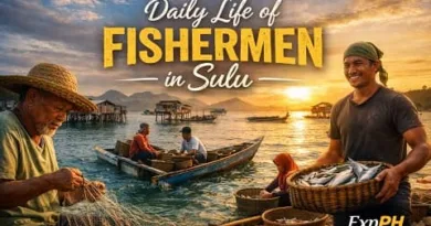 Filipino fishermen in Sulu preparing nets and selling fresh fish at sunrise with boats and stilt houses in the background, featuring ExpPH Blog logo.