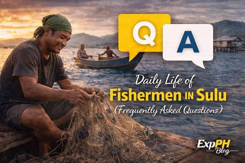 Filipino fisherman in Sulu repairing fishing nets by the sea at sunset representing the Daily Life of Fishermen in Sulu with FAQ icons and ExpPH Blog logo visible.