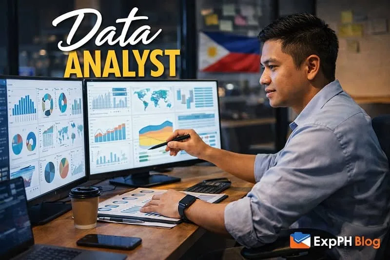 Filipino data analyst analyzing charts and graphs on multiple monitors in a modern office with ExpPH Blog logo