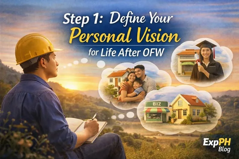 Filipino OFW writing personal goals at sunset with family, house, business, and graduation dreams shown, with ExpPH Blog logo