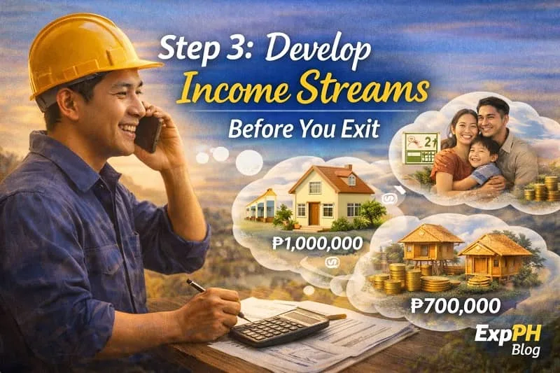 Filipino OFW working on laptop with online business, freelancing, and small store concepts shown, with ExpPH Blog logo