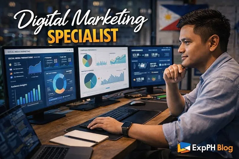 Filipino digital marketing specialist analyzing social media metrics and online campaigns on a laptop with ExpPH Blog logo