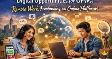 Filipino OFWs working online using laptops and smartphones showing remote work freelancing and online platforms with ExpPH Blog logo in a realistic setting