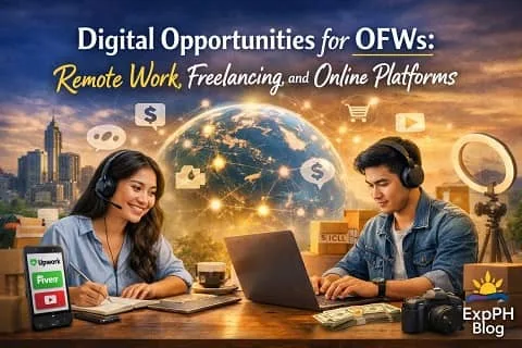 Filipino OFWs working online using laptops and smartphones showing remote work freelancing and online platforms with ExpPH Blog logo in a realistic setting