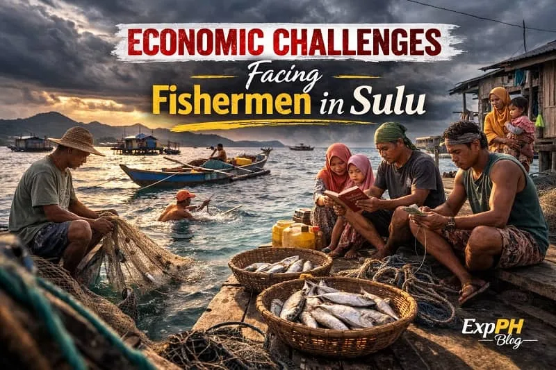 Filipino fishermen in Sulu sitting beside small boats with limited catch under cloudy skies, highlighting economic challenges, with ExpPH Blog logo visible.