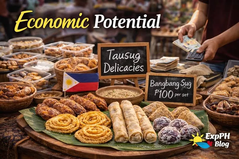 Bangbang Sug food stall display in a Filipino market showing traditional delicacies for sale with ExpPH Blog logo