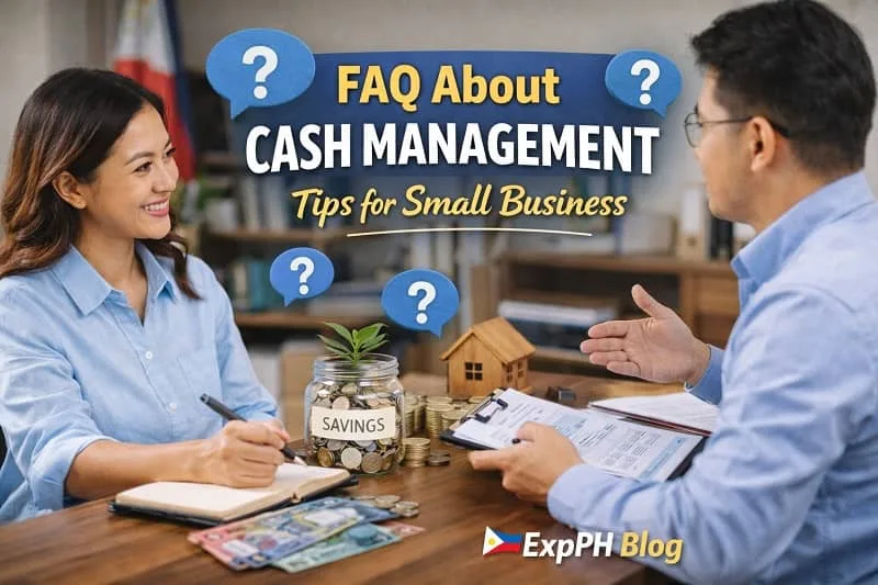 Filipino small business owner discussing cash management tips with a colleague, with savings jar and Philippine peso money on the table