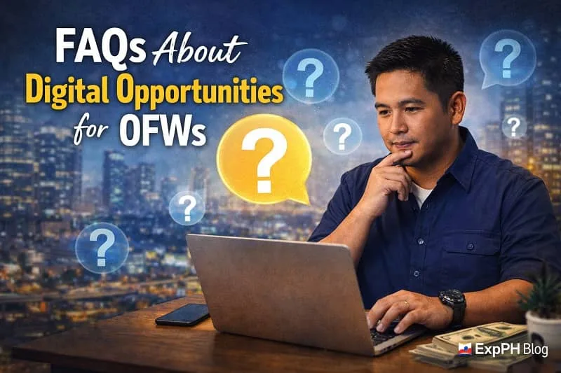 Filipino OFW using a laptop while reviewing frequently asked questions about Digital Opportunities for OFWs, with icons representing online jobs, freelancing, and remote work