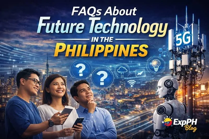 Filipino people with AI robot and 5G tower asking questions about future technology in the Philippines including digital innovation and smart systems