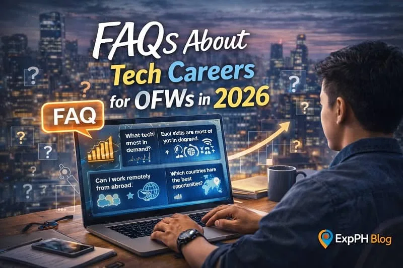 A Filipino OFW working on a laptop with FAQ questions about Tech Careers for OFWs displayed on screen, surrounded by digital icons, question marks, and a modern city background.