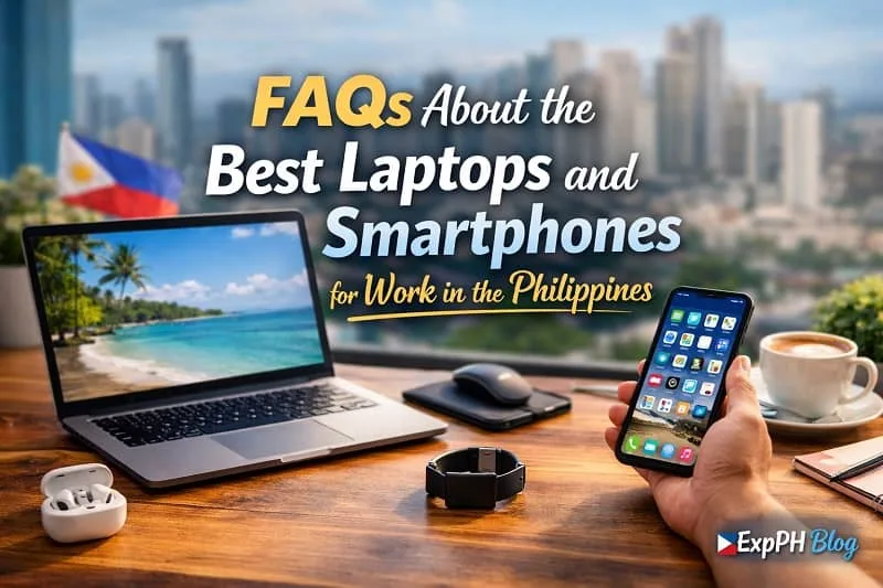 Filipino workspace with laptop, smartphone, and accessories showing Best Laptops and Smartphones for Work Philippines on a desk with city skyline background