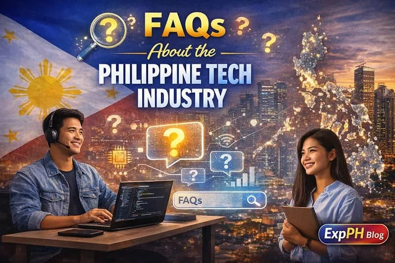 A realistic image showing Filipino professionals discussing technology, with question icons, digital interfaces, a modern Manila skyline, and the ExpPH Blog logo.