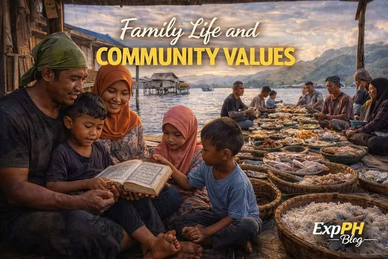 Filipino family in a coastal Sulu home reading together while community members share food by the sea at sunset, with ExpPH Blog logo visible.
