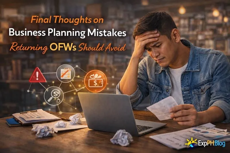 Filipino man stressed while reviewing business papers and expenses, representing common business planning mistakes returning OFWs should avoid