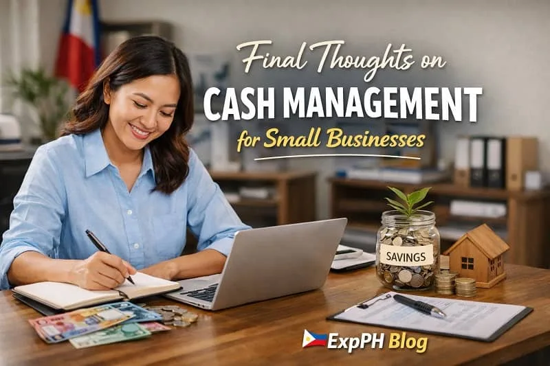 Filipino small business owner managing finances with laptop, notebook, and savings jar, representing cash management strategies