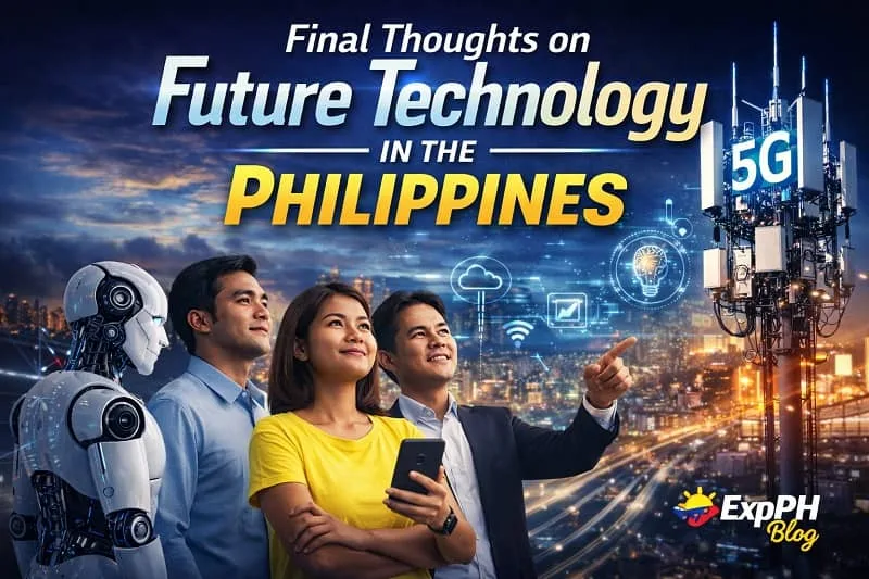 Filipino professionals with AI robot and 5G tower reflecting on future technology in the Philippines and digital transformation
