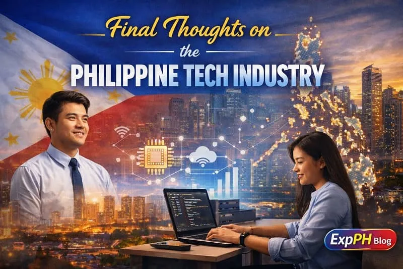A realistic image showing Filipino professionals in technology, with a modern Manila skyline, digital tech icons, and a glowing Philippine map, featuring the ExpPH Blog logo.