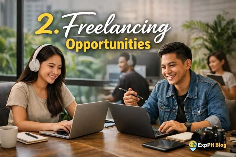 Two Filipino freelancers working on laptops in a modern workspace with text “2. Freelancing Opportunities” and ExpPH Blog logo