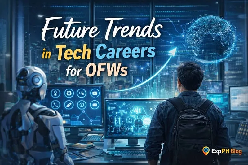 A Filipino OFW professional with a backpack looking at futuristic computer screens with AI, data analytics, and global tech networks, alongside a robotic assistant in a high-tech workspace.