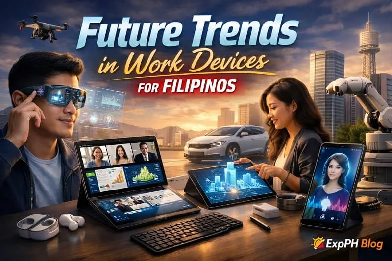 Filipino professionals using futuristic work devices like AR glasses, foldable laptop, tablet with holographic display, and smartphone with AI assistant in a modern city setting