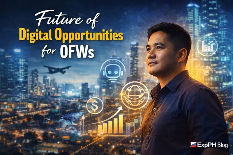 Filipino OFW looking ahead with a city skyline and digital icons representing online income, technology, and future opportunities