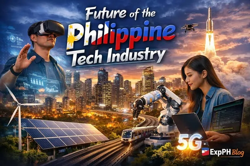 A realistic futuristic scene of the Philippine tech industry showing Filipino professionals using VR and robotics, with a modern Manila skyline, drones, solar panels, 5G technology, and a rocket launch, featuring the ExpPH Blog logo.