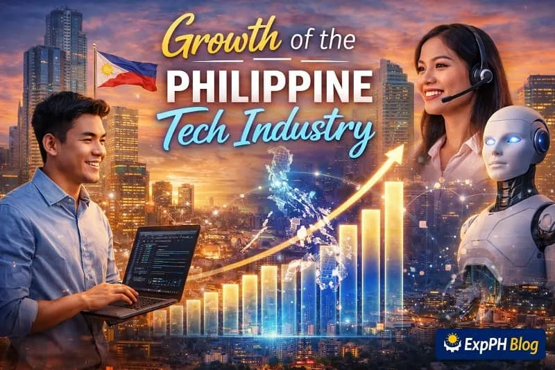 Filipino tech professionals working in a modern city with digital graphs and technology elements showing growth of the Philippine tech industry