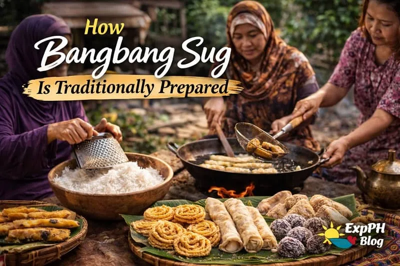 Tausug women preparing Bangbang Sug using traditional cooking methods with banana leaves and ExpPH Blog logo