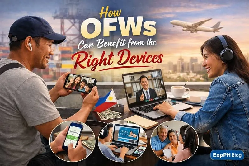 Filipino OFWs using smartphones and laptops for video calls, online work, and communication with family while abroad
