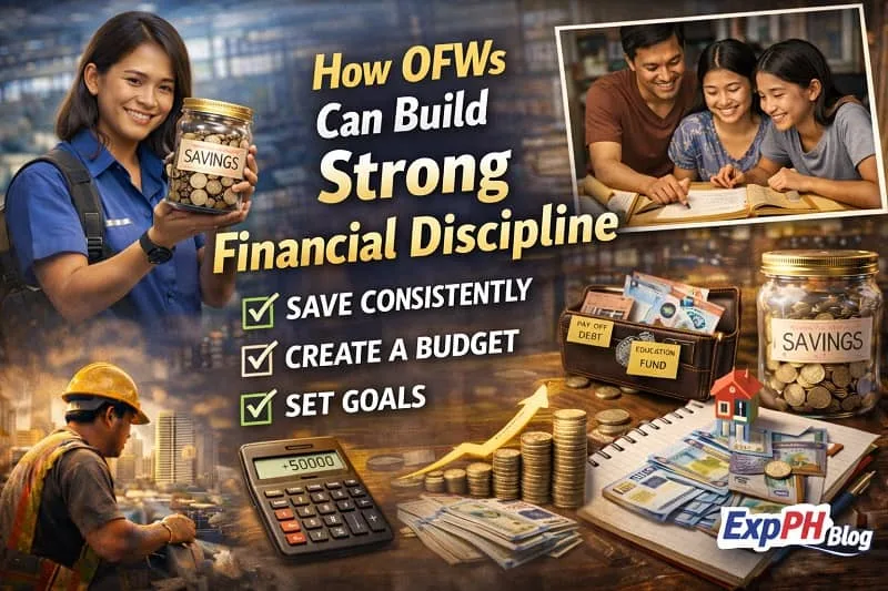 Filipino OFW reviewing a budget notebook and savings jar while planning finances, showing how overseas Filipino workers can build strong financial discipline