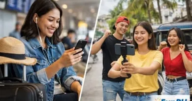 OFW woman at an airport watching TikTok trends in the Philippines while Filipino creators record a TikTok video on a city street