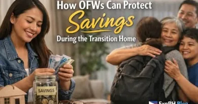 Filipino OFW woman counting savings money at home while family welcomes her back, symbolizing financial planning and OFW savings protection during transition home.