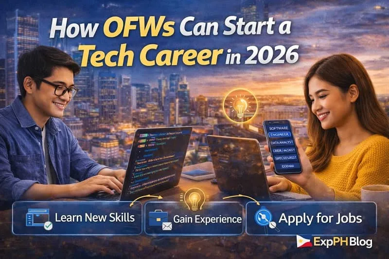 Filipino OFWs learning coding and tech skills on laptops while building portfolio and applying for remote jobs with ExpPH Blog logo
