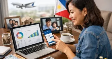 OFW using digital technology in the Philippines to manage remittances and track finances on a smartphone and laptop