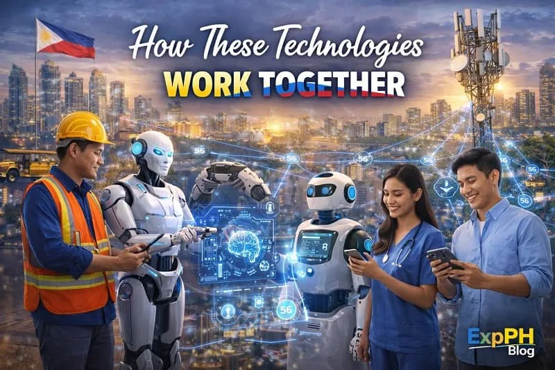 Filipino professionals using AI robotics and 5G technology together in a modern Philippine city