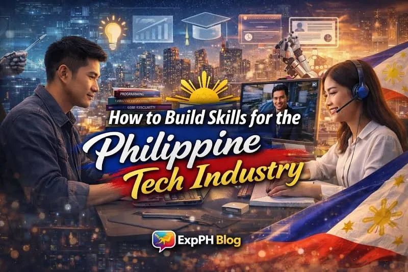 Filipino learners developing tech skills using laptops, online training, and digital tools in a modern Philippine city setting with ExpPH Blog logo