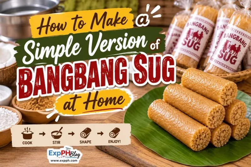 Homemade Bangbang Sug prepared on a banana leaf with traditional ingredients and cooking tools on a kitchen table, showing an easy Filipino recipe tutorial with the ExpPH Blog logo.