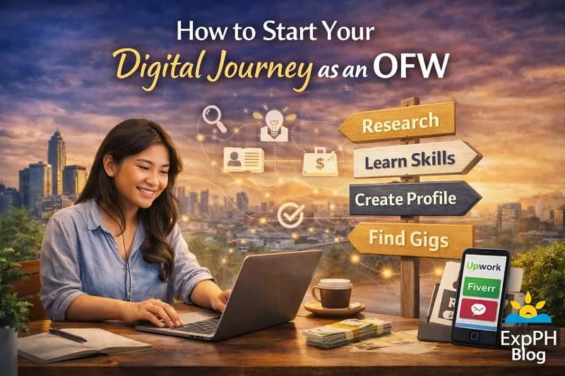 Filipino OFW starting digital journey using laptop showing steps like learning skills creating profile and finding online work with ExpPH Blog logo in a realistic setting
