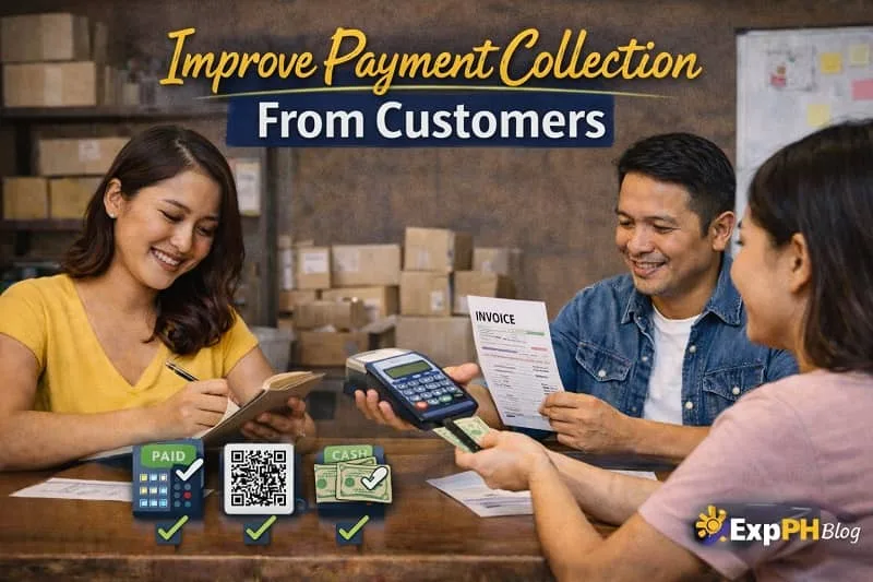 Filipino small business owners collecting payment from a customer using cash, invoice, and digital payment terminal in a small shop.